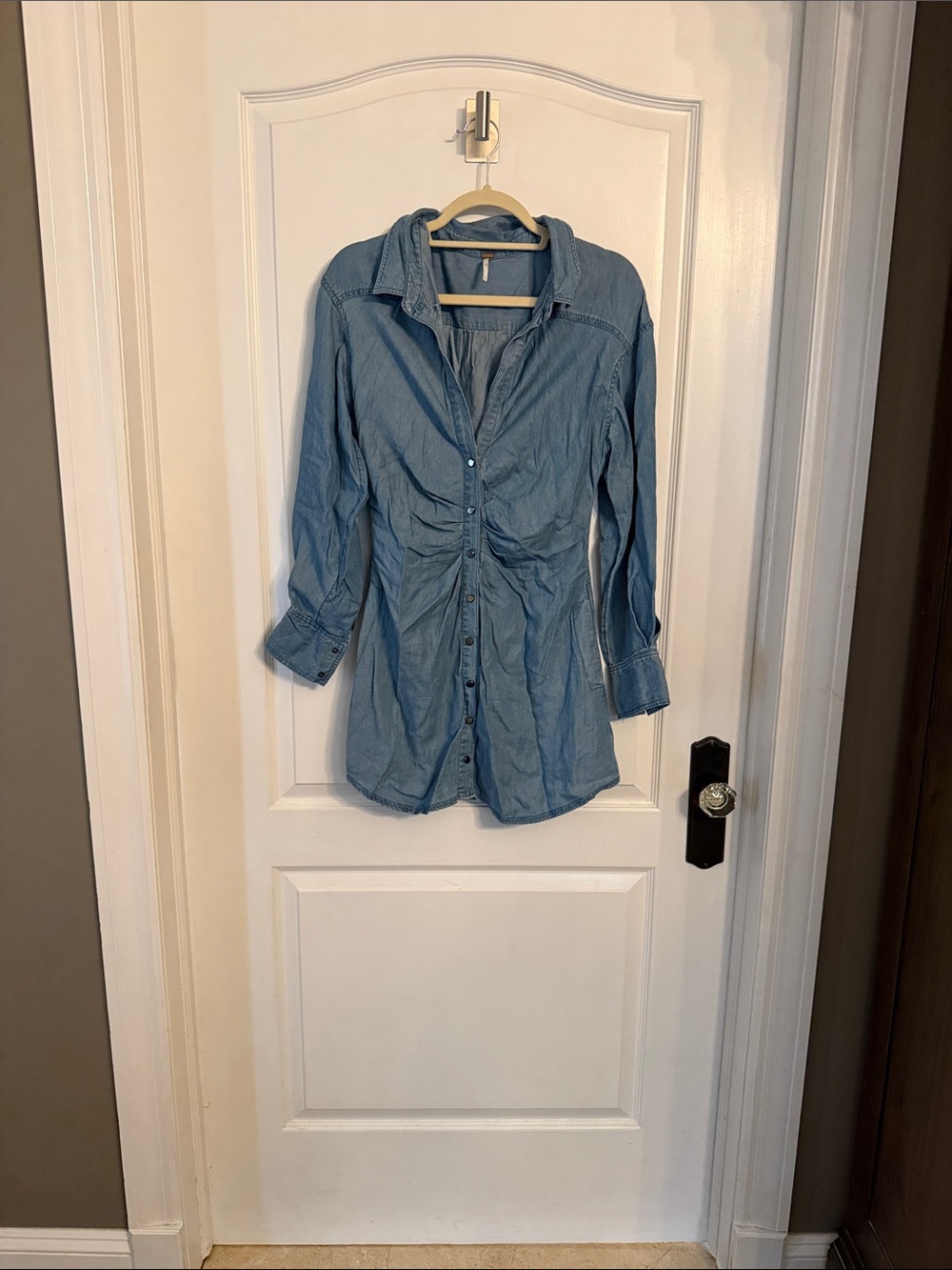 Free People Light Blue Ruched Waist Denim Button-Down Shirt